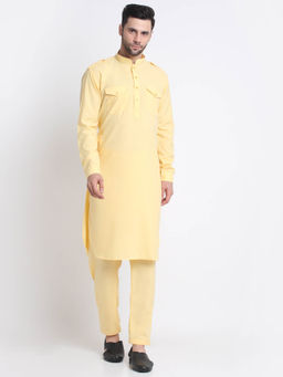 Kraft India - Men Yellow Cotton Solid Pathani and Trousers (Set of 2)