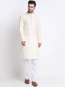 Kraft India - Men Cream Cotton Sequence Kurta and Trousers (Set of 2)