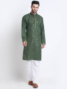 Kraft India - Men Mehndi Cotton Sequence Kurta and Trousers (Set of 2)