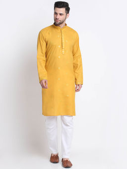 Kraft India - Men Mustard Cotton Sequence Kurta and Trousers (Set of 2)