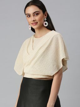 SHOWOFFFF - Women Round Neck Flare Sleeves Self Design Beige Top