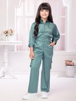 TINY BABY - Green Satin 3/4 Sleeves Solid Embellished Top Pant and Jacket