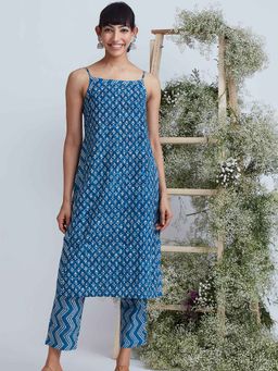 Okhai - Indigo Sand Hand Block Printed Pure Cotton Kurta with Pants (Set of 2)