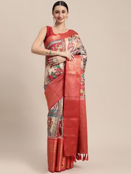 Vastranand - Red Soft Banarasi Silk Kalamkari Block Print Party Wear Saree with Unstitched Blouse