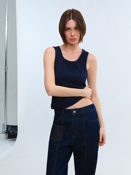 Pomelo - Ribbed Scoop Neck Tank Top - Navy Blue
