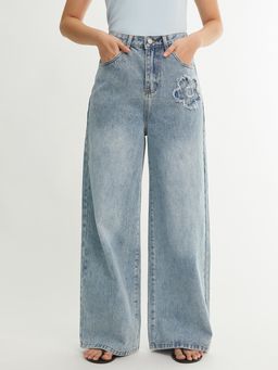 Pomelo - High Waist Straight Leg Jeans - Light Blue