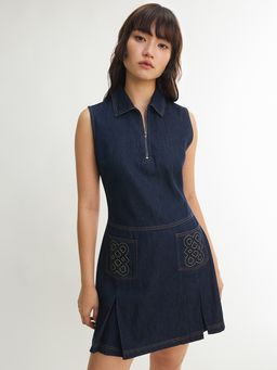 Pomelo - Collared Zip Front Denim Mini Dress with Embroidered Pockets