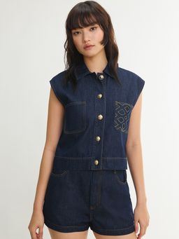 Pomelo - Sleeveless Denim Button-Up Blouse Top with Contrast Stitch Pockets
