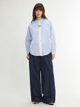 Pomelo - Asymmetric Stripe Button Detail Shirt - Blue