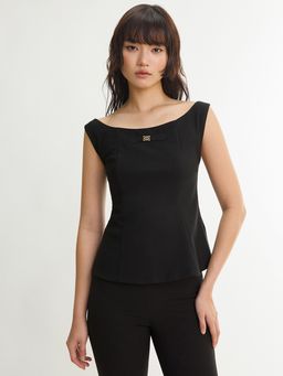 Pomelo - Scoop Neck Tailored Peplum Blouse Top - Black