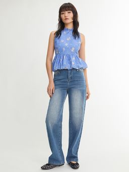 Pomelo - Ruffle Hem Floral Halter Blouse Top - Blue