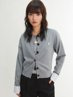 Pomelo - Button Front Knit Cardigan with Contrast Cuff - Light Grey