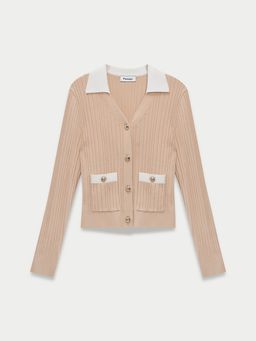 Pomelo - Contrast Collar Ribbed Pocket Cardigan - Beige