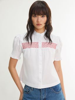 Pomelo - Smocked Puff Sleeve Button Blouse Shirt - White
