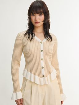 Pomelo - Ruffle Trim Ribbed Button Cardigan - Beige