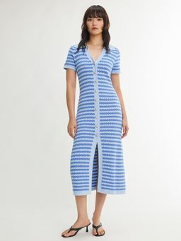 Pomelo - Striped Button Front Knit Polo Midi Dress - Aqua Blue