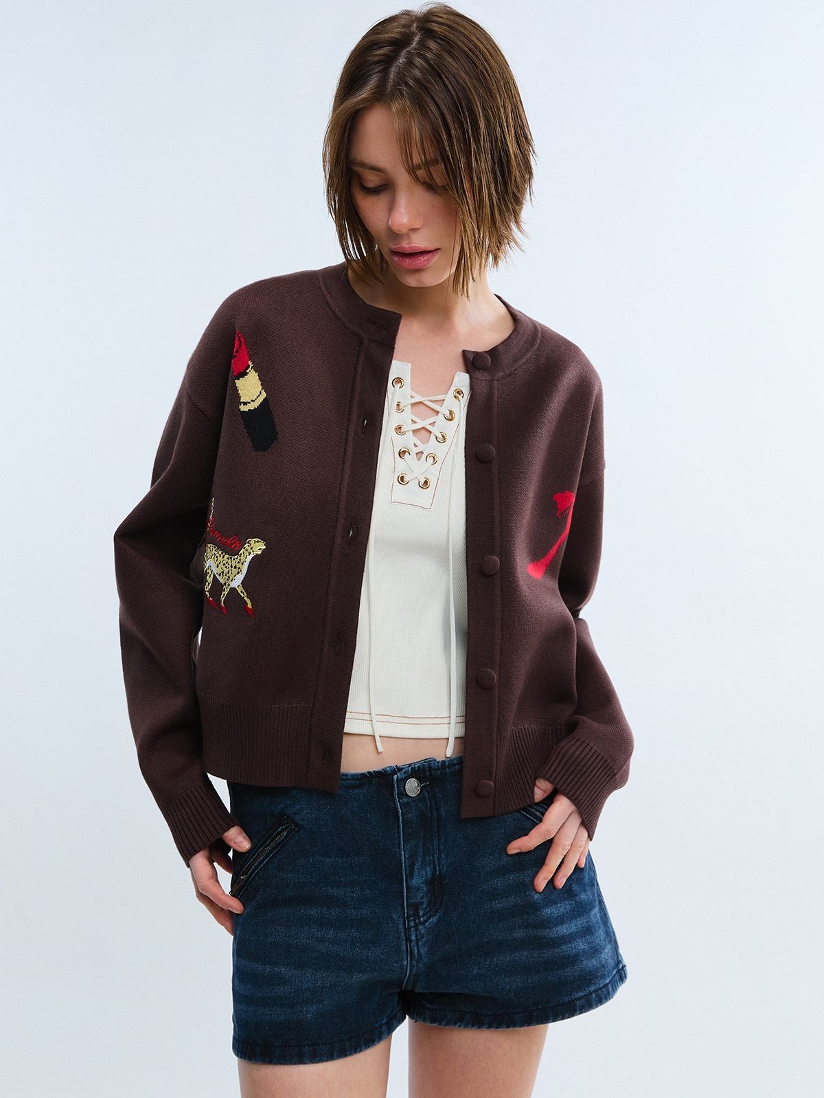 pomelo Button Front Knit Cardigan - Brown-picture-42