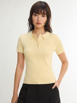 Pomelo - Button Collar Ribbed Knit Polo Top - Yellow