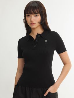 Pomelo - Ribbed Button Front Polo Knit Top - Black