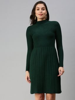 SHOWOFF - Women's Knee Length Solid Green High Neck Fit And Flare Dress