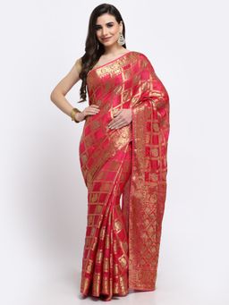 KISHORI - Women Bandhani With Zari Weaving Silk Saree & Blouse Pink with Unstitched