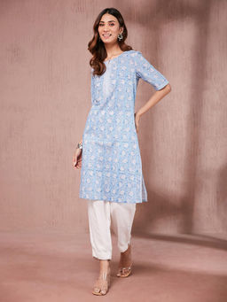 Fabindia - Blue Cotton Floral Printed Knee Length Kurta