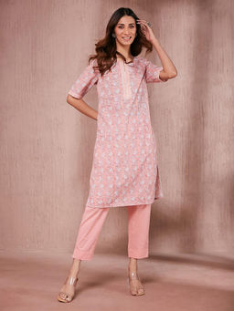 Fabindia - Pink Cotton Floral Printed Knee Length Kurta