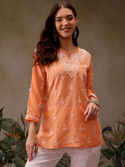 ADA - Ethnic Motifs Hand Embroidered Lucknowi Chikankari Orange Muslin Kurti
