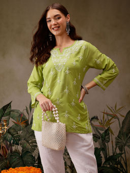 ADA - Ethnic Motifs Hand Embroidered Lucknowi Chikankari Green Muslin Kurti
