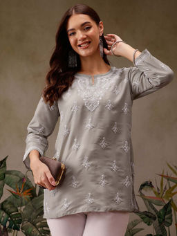 ADA - Ethnic Motifs Hand Embroidered Lucknowi Chikankari Grey Muslin Kurti