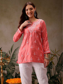 ADA - Ethnic Motifs Hand Embroidered Lucknowi Chikankari Carrot Pink Muslin Kurti