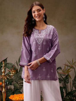 ADA - Ethnic Motifs Hand Embroidered Lucknowi Chikankari Mauve Muslin Kurti