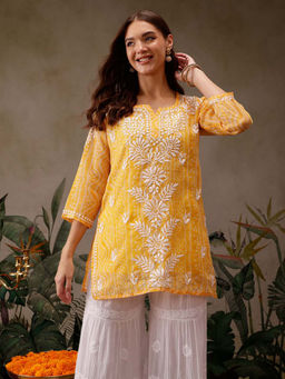 ADA - Bandhani Printed Hand Embroidered Lucknowi Chikankari Yellow Kota Kurti