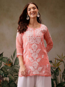 ADA - Bandhani Printed Hand Embroidered Lucknowi Chikankari Peach Kota Kurti