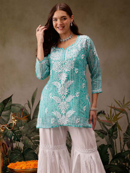 ADA - Bandhani Printed Hand Embroidered Lucknowi Chikankari Sea Green Kota Kurti
