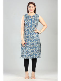 Cotton Culture - Navy Blue Cotton Sleeveless Printed Straight Kurta