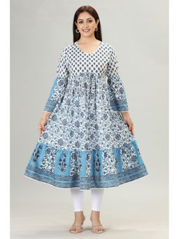 Cotton Culture - White Cotton Flared Printed Dress Kurta