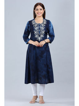 Cotton Culture - Navy Blue Rayon A Line Embroidered Kurta