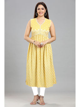 Cotton Culture - Yellow Cotton Gathered Embroidered Sleeveless Kurta