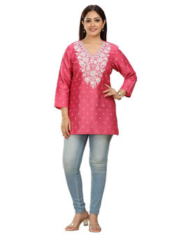 Cotton Culture - Pink Polysilk Straight Embroidered Kurti