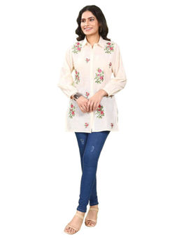 Cotton Culture - Off White Cotton Slub Straight Embroidered Kurti