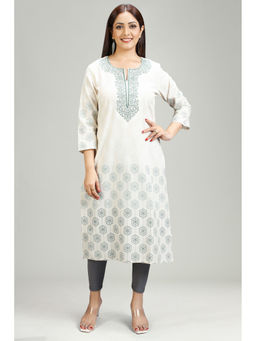 Cotton Culture - Off White and Green Flax Cotton Straight Embroidered Kurta