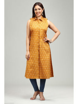 Cotton Culture - Mustard Cotton A Line Printed Sleeveless Kurta