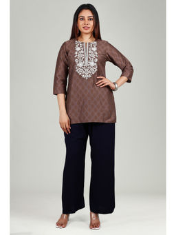 Cotton Culture - Brown Poly Silk Straight Embroidered Kurti