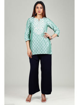 Cotton Culture - Mint Green Poly Silk Straight Embroidered Kurti
