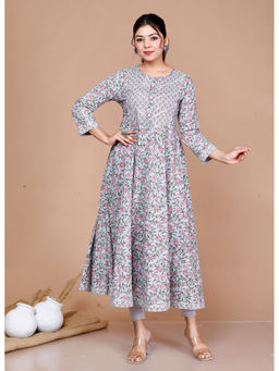 Doriyaan - Women Blue Floral Printed and Gota Lace Cotton Ethnic Anarkali Kurta