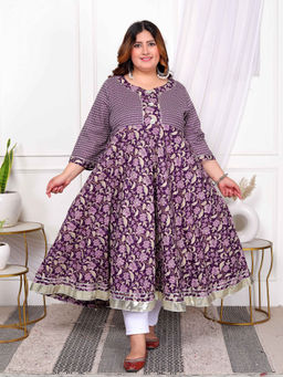 Doriyaan - Women Purple Cotton Floral Gota Lace Work Anarkali Kurta