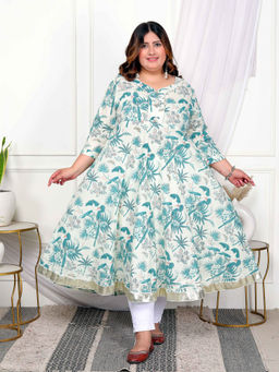 Doriyaan - Women Green Cotton Gotapatti and Lace Border Birds Printed Anarkali Kurta