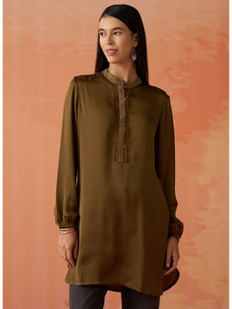 Lakshita - Women Olive Embroidered Satin Kurti