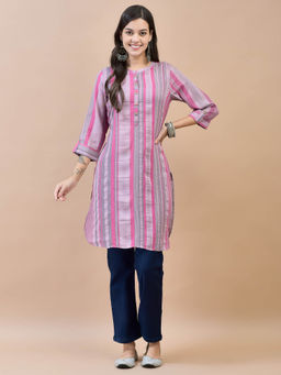 Shree - Women Poly Viscose Pink Stripes Print Kurti